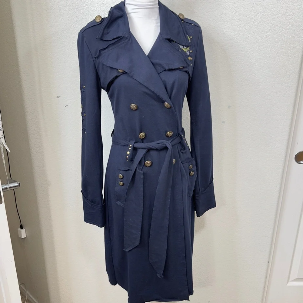 Military Style Chic Navy Trench Coat with Gold Buttons Medium